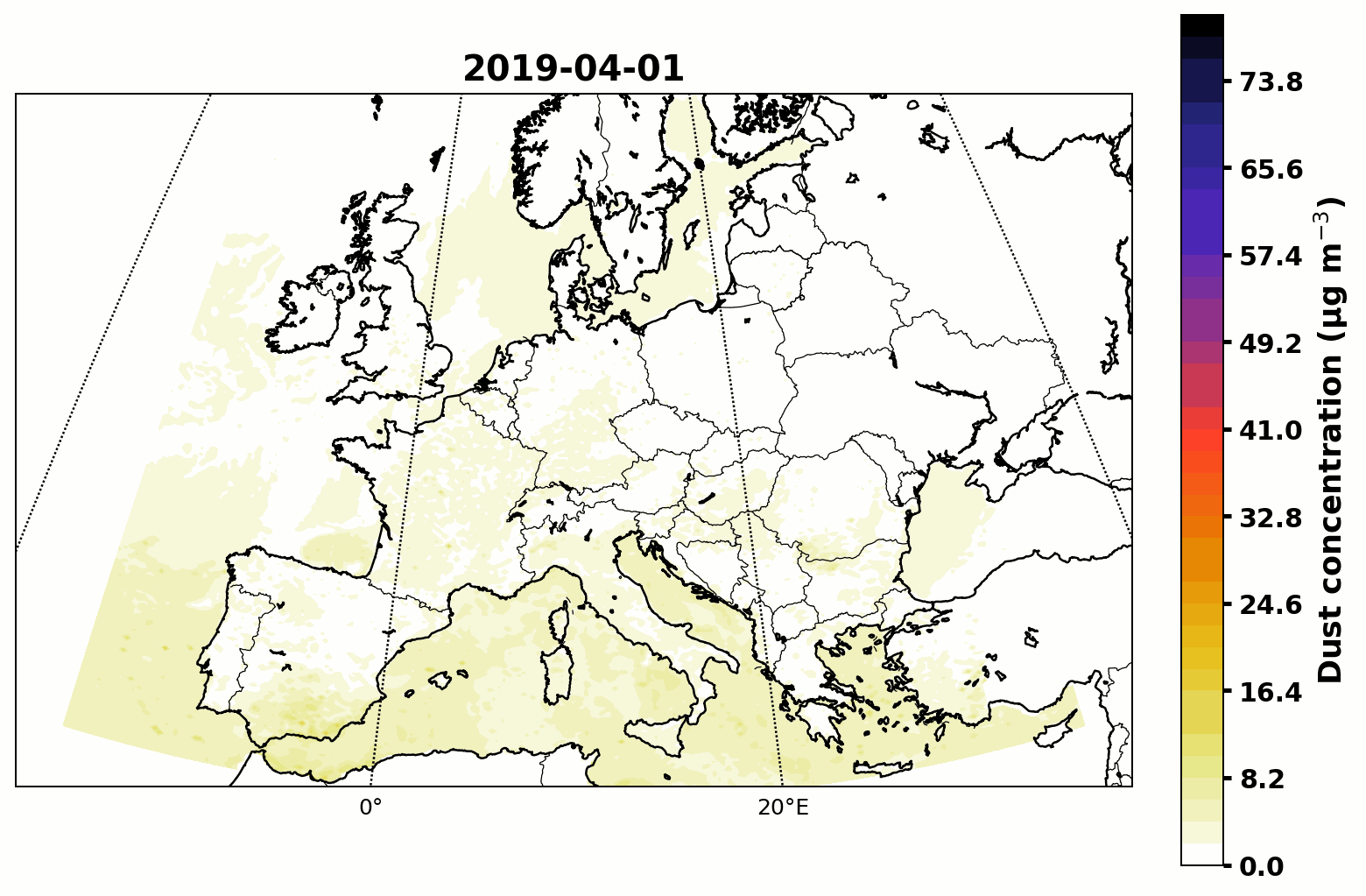 Dust model animation shows a plume of Saharan dust rain over Southern Europe for April 2019. Dust model animation shows a plume of Saharan dust rain over Southern Europe for April 2019.